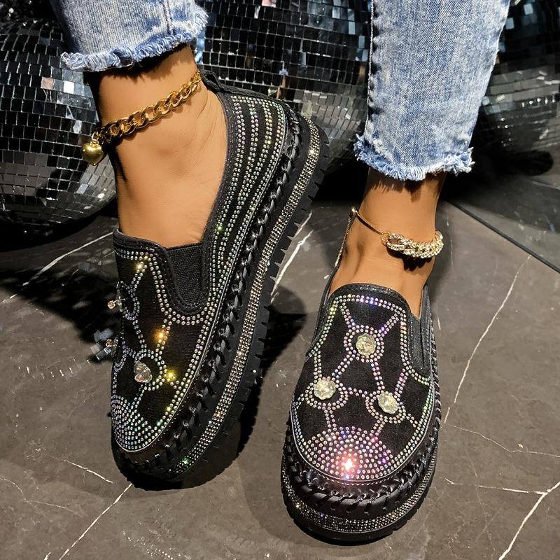 Plus Size Rhinestone Shallow Mouth Loafers Women's Spring New Round Toe Deep Mouth Slip-on Platform Slip-ons