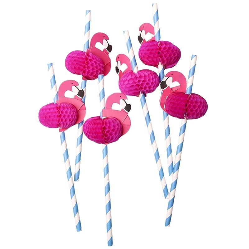 5Pcs Pink Flamingo Paper Straws Luau Tropical Beach Party Barware Favor
