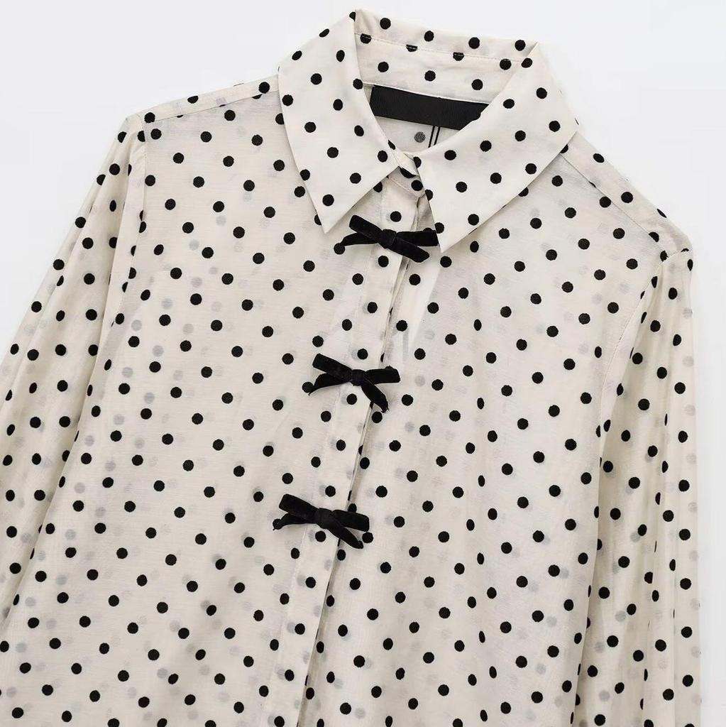Women's Polka Dot Shirt with Bow - Spring/Summer 2025 Collection: Sweet, Versatile Drape, and Simple Design.