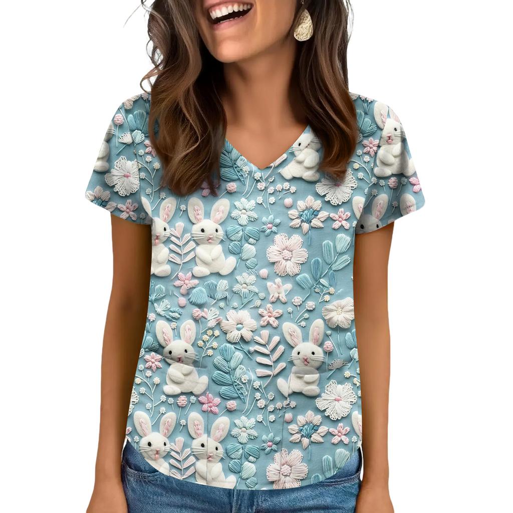 Women's V-Neck Easter Print Short-Sleeve Pocket Top With Side Slit