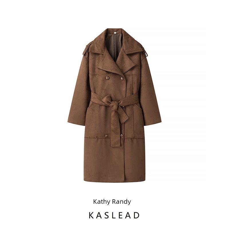 Kaslead New Women clothes Western Style Fashion Simple and Versatile Double Breasted Lace-up Decoration Deerskin Velvet Coat