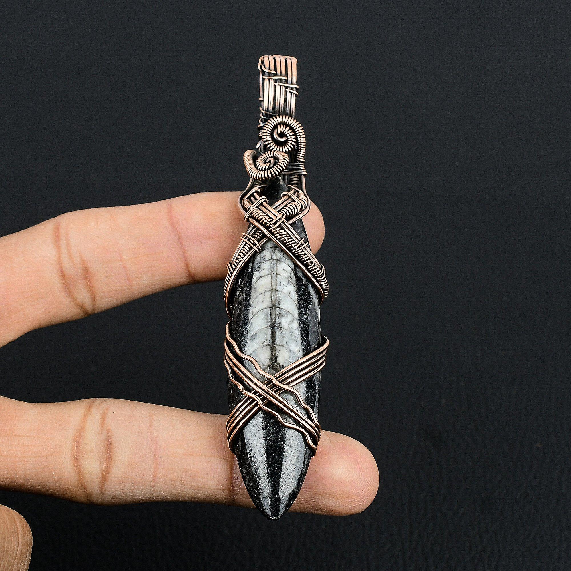 

Orthoceras Fossil Pendant Handmade Gemstone Jewelry, 999 Copper Wire Wrapped Pendant ,Unique Design Jewelry Pendant 2.55 Inches