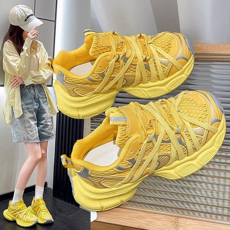 Spring and Summer New Platform Dad Shoes Heightened and Lightweight Casual Sports Shoes Breathable Straps Rich Yellow