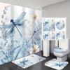 1/4Pcs Blue White Floral Dragonfly Bathroom Decor Set Waterproof Shower Curtain with Anti Slip Mat and Toilet Cover All Season Home Decor Gift