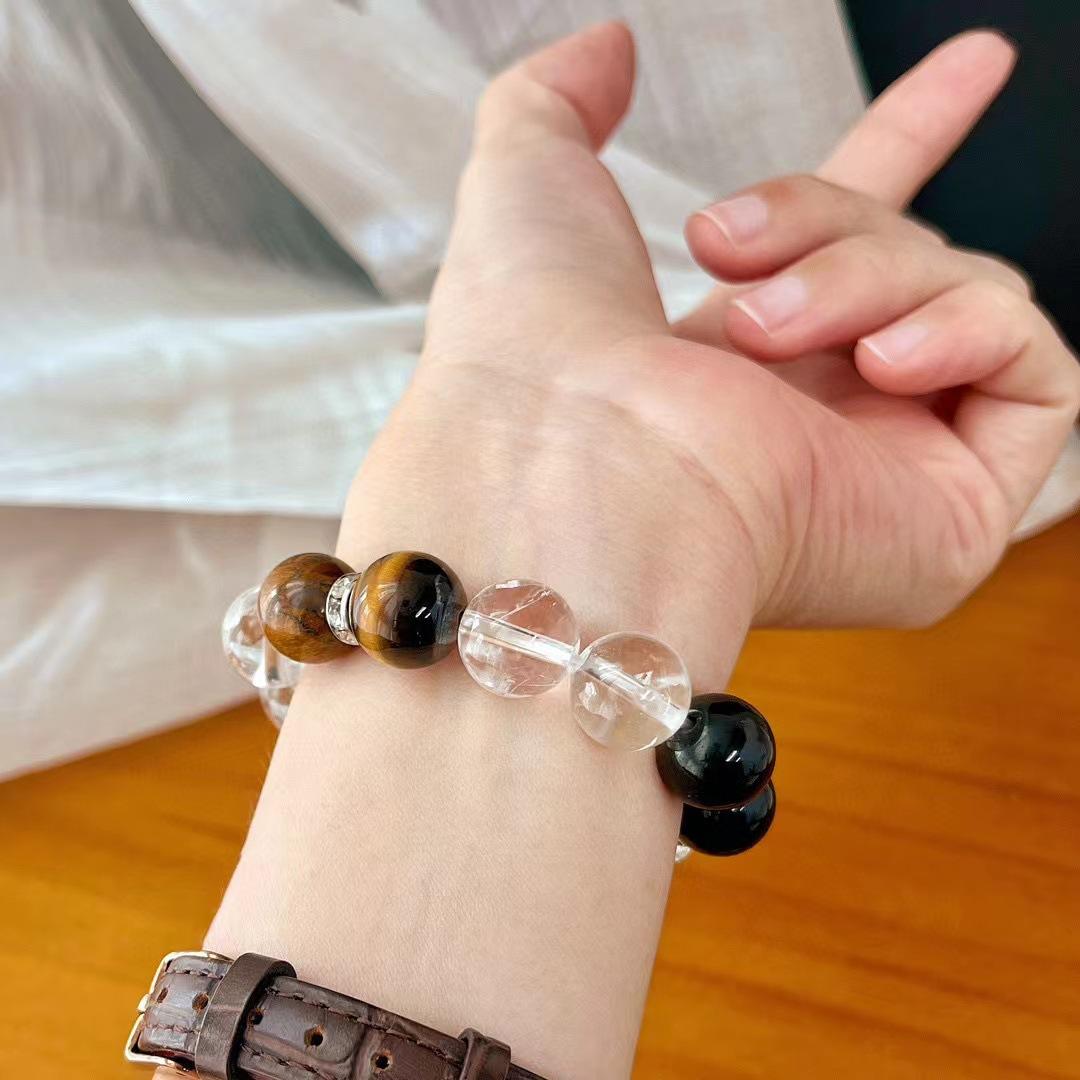 

Vintage Maillard Large Granular Natural White Crystal Tiger S Eye Black Agate Bracelet Bracelet