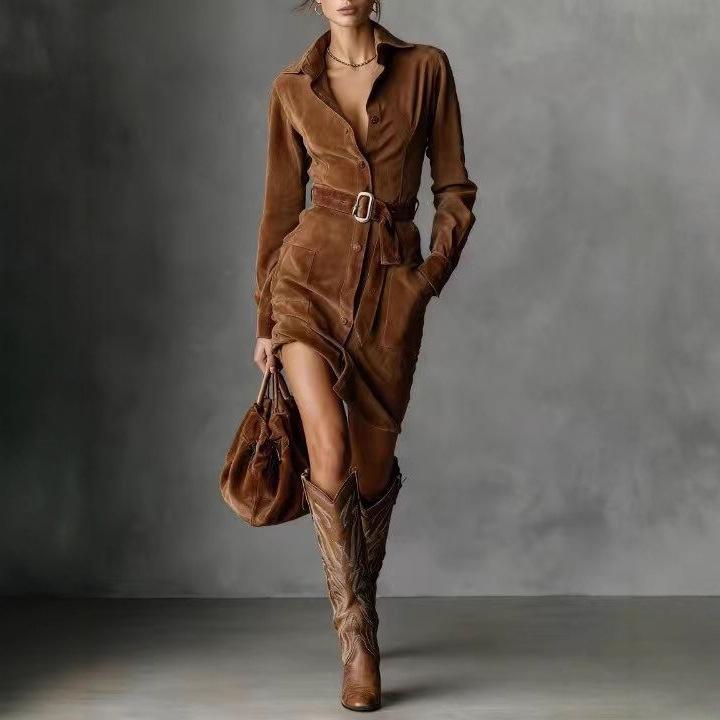 Brown Long Sleeve Suede Belted Dress