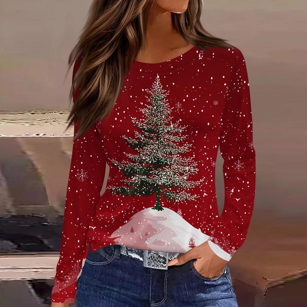 Women's Fashion Casual Slit Hem Round Neck Long Sleeve Loose Christmas Printed T-Shirt Ladies Top
