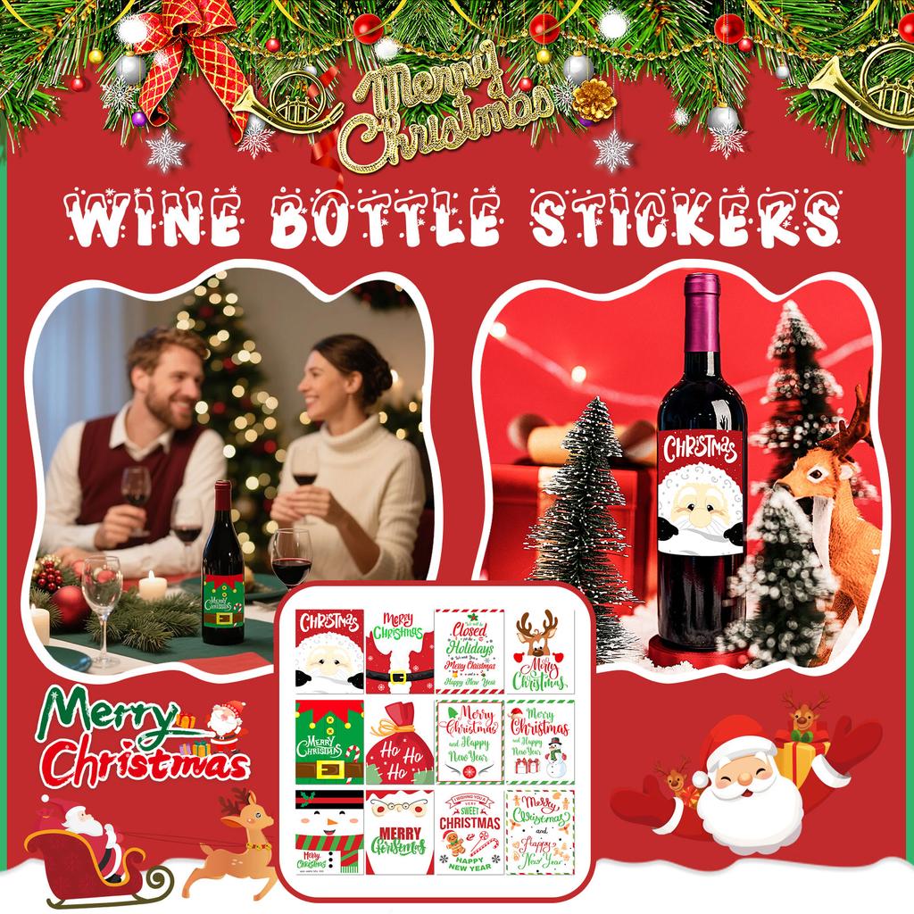Christmas Wine Bottle Label Stickers For Decoration Cute Waterproof Labels 12 Pcs