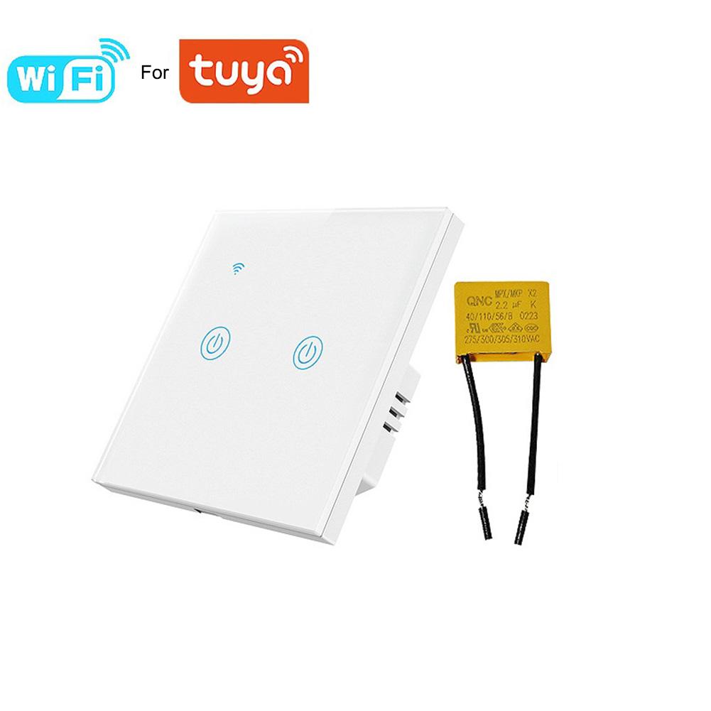 

Умный WiFi 2-клавишный настенный выключатель для экосистемы Tuya Опция однопроводной установки Нейтральный провод опционально Стандарт ЕС белый