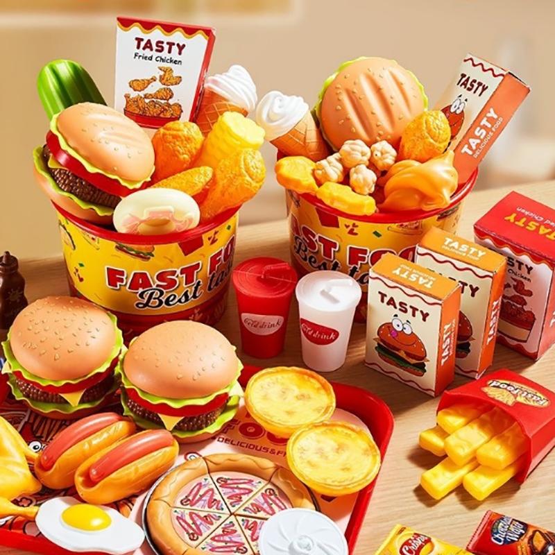 42Pcs Simulation Make Hamburger Fries Pretend Play Food Cooking Game Kid Kitchen Toy Set Montessori Interactive Prop Gift