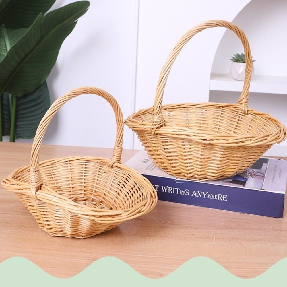 Portable Handheld Rattan Woven Basket Handwoven Decorative Fruit Storage Basket Multi-functional Picnic Basket Kitchen Organizer