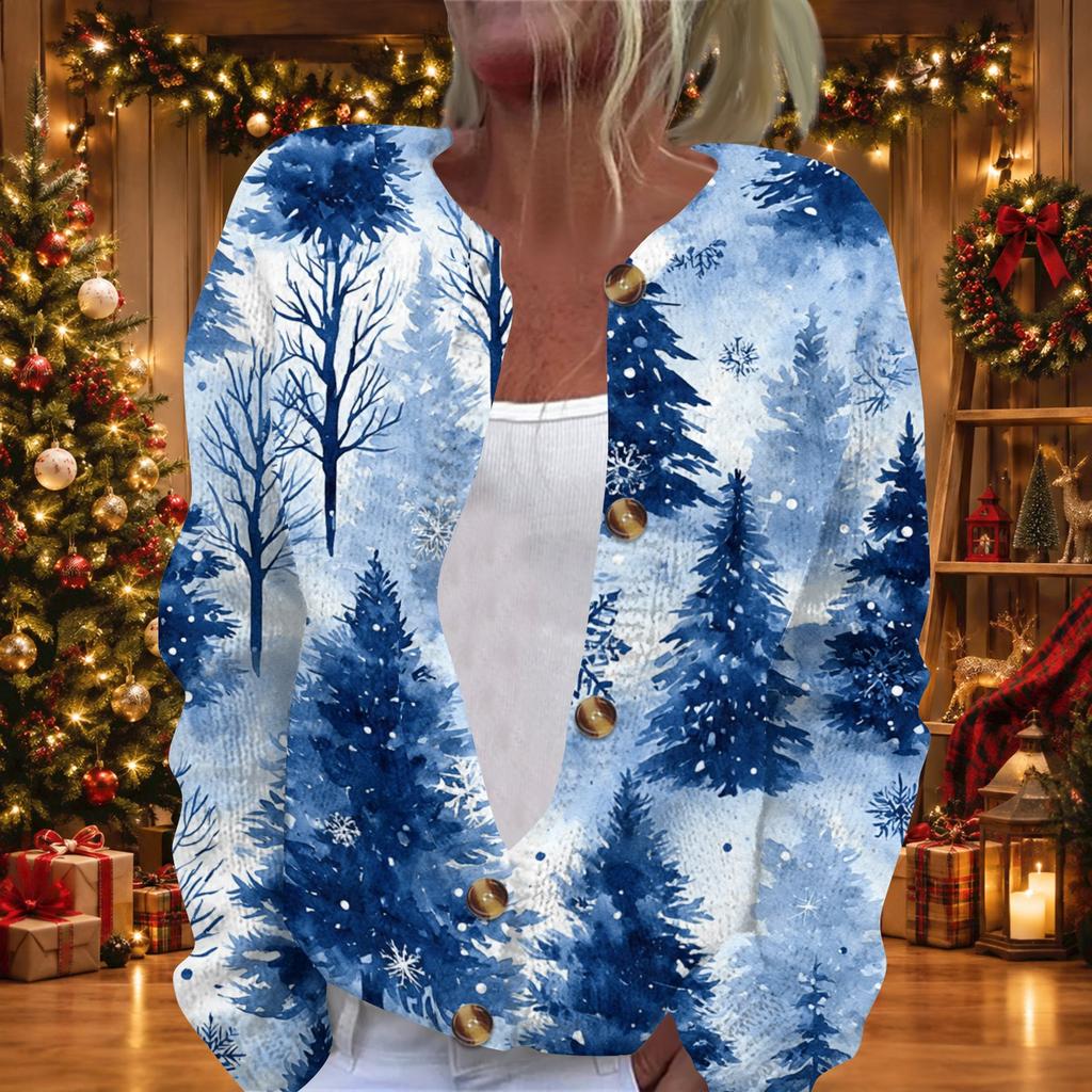 Women's Christmas Print Long Sleeve Knit Cardigan with Button Front