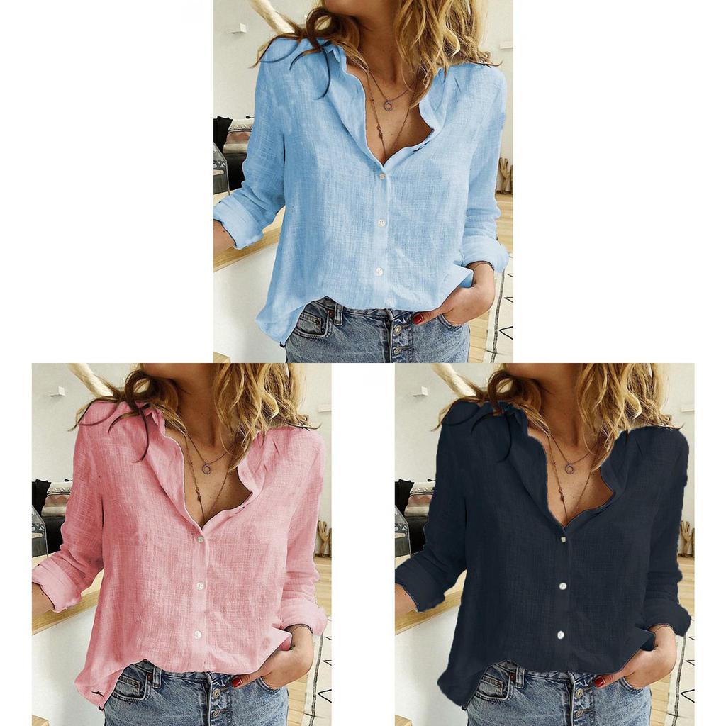 Cotton Linen Casual Long Sleeve Shirt For Women With Spliced Design And Loose Fit For Spring Season