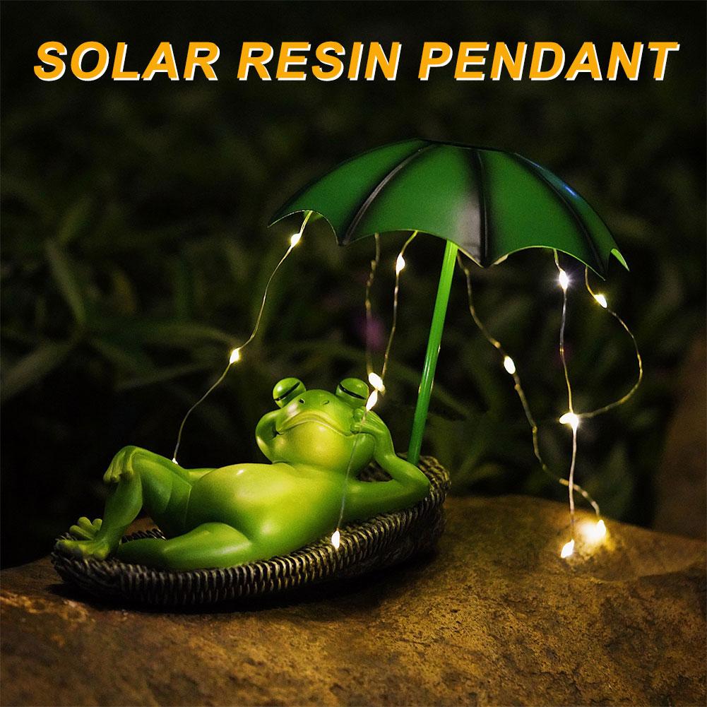 Cute Animal Sculpture Light Solar Frog Umbrella Pond Statues Resin Cute Frog Pond Yard Statue for Yard Patio Garden Lawn Balcony