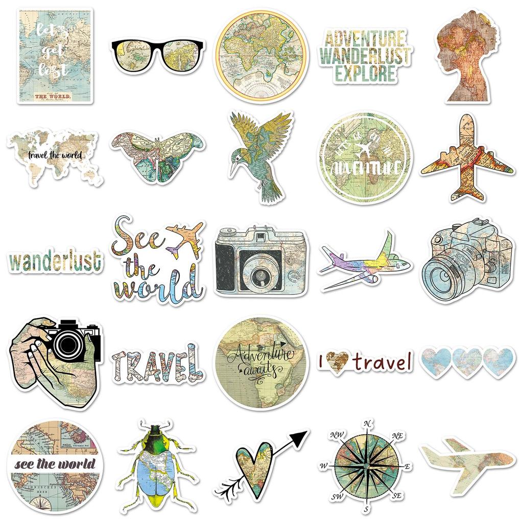 World Map Retro Art Stickers: 50 Waterproof Sheets for Creative Journals and Notebooks.