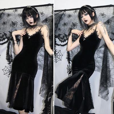 Women Halloween Cosplay Dress V Neck Lace V Neck Spaghetti Strap Fishtail Hem Dark Style Gothic Medieval Vintage