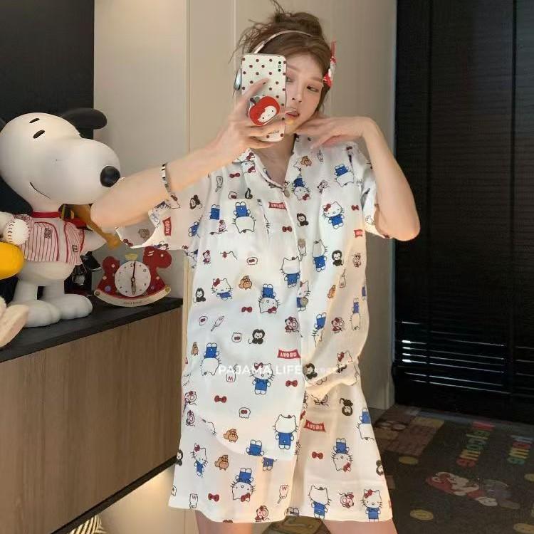 

Sweet cartoon anime Kitty cat pajamas women s summer thin short-sleeved shorts set beautiful girl ins loungewear s [recommended weight 35-40kg]