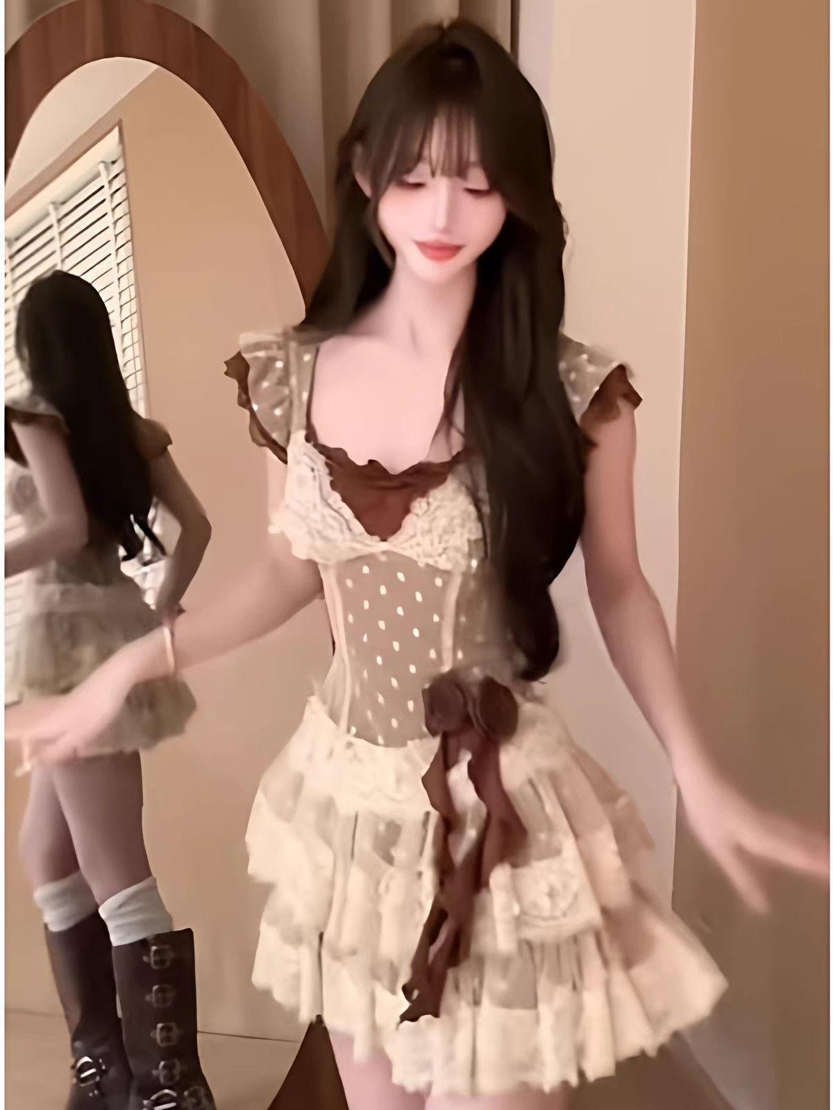 Sexy Spice Slim Polka Dot Lace Splicing Dress Women s Sleeveless Maid Cute Pure Desire Dress Short Dress S красный