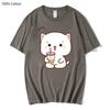 Peach Cat Print T-Shirts Women Mochi Drink Bubble Tea Cartoon Tshirt Kawaii Girls Tops 100% Cotton Tees Cute Graphic Clothes