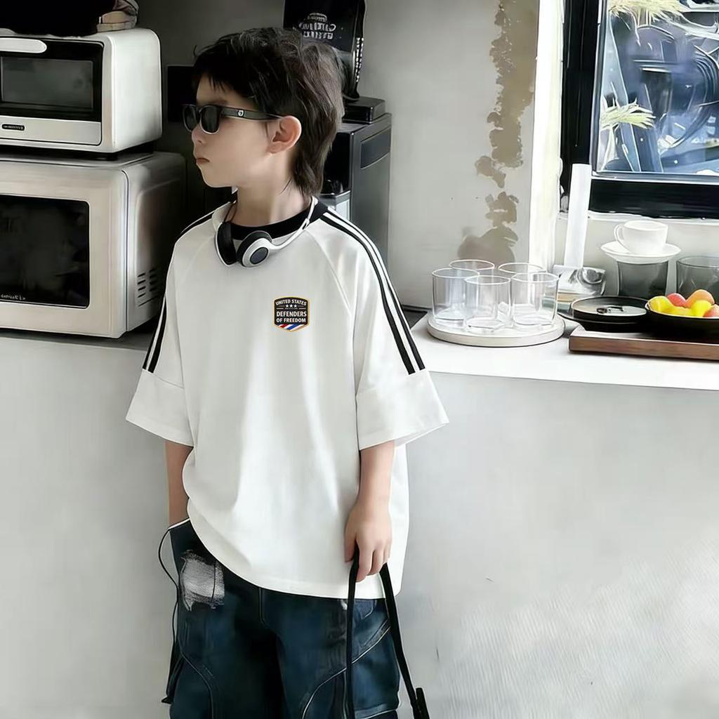 Boys Summer Cotton Loose Short Sleeve T Shirt Cool Three Stripe Kids Half Sleeve Top