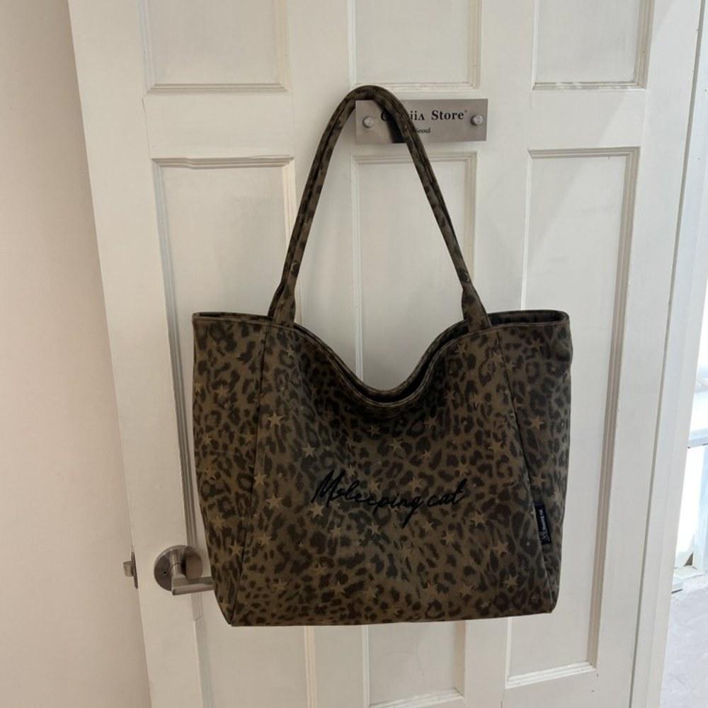Women Leopard Print Large Capacity Canvas Tote Bag for Daily Casual Use
