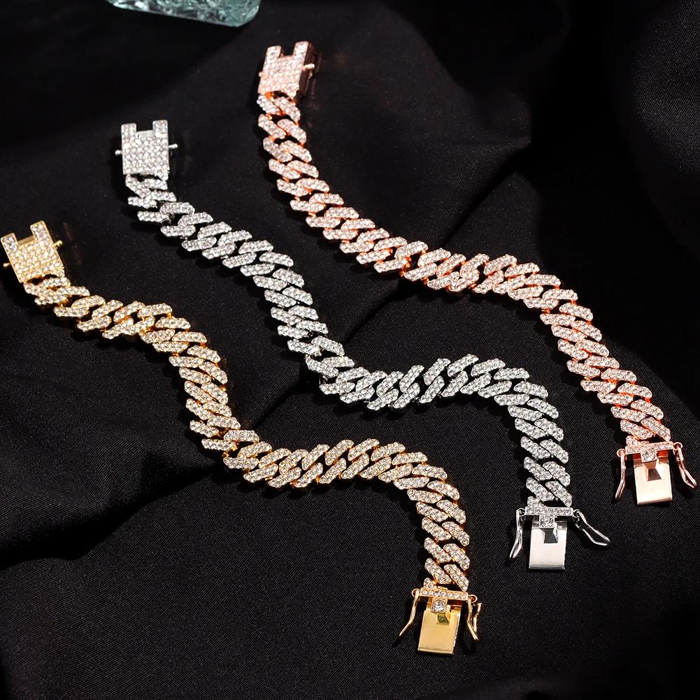 12MM Rhinestones Prong Iced Out Cuban Link Chain Hip Hop Bracelet Men Women Gold Color Bling Cuban Bracelet Jewelry A+
