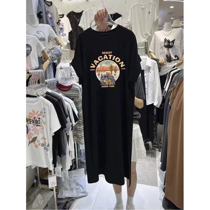 Vară Nouă Rochie Tricou cu Mânecă Scurtă Imprimată pentru Femei, Stil Coreean Larg și Casual Mărimi Mari Rochie cu Mâneci Fluture Rochie Lungă