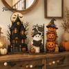 Flat Wood Craft Decorations Farmhouse Halloween Wooden Tabletop Decorations, Table Topper Signs, Spooky Retro Holiday Signs Pumpkin Ghost Tiered Tray
