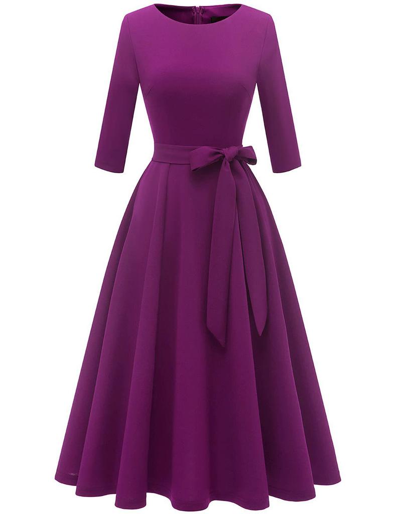 Garden Collar Seven-Sleeve Women's Evening Gown with Wide Hem Skirt - Solid Color Vacation Dress