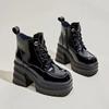New Winter Women's Boots Fashionable Square Toe Thick Heel Lace-up Solid Color Glossy Super High Heel Women's Short Boots