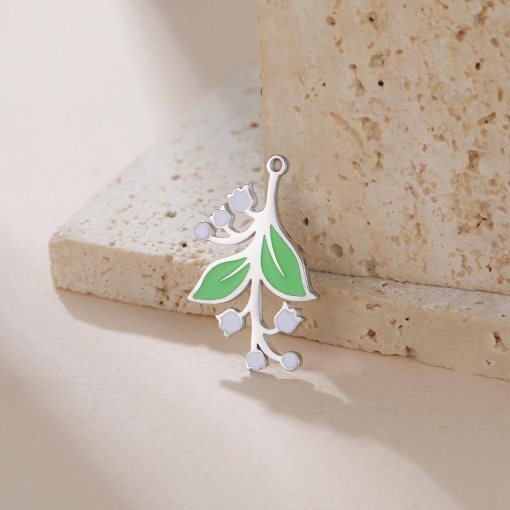 Teamer 1pc Enamel Lily Of The Valley Pendant Gold Color Stainless Steel DIY Making Charms For Necklaces Trendy Jewelry Gift