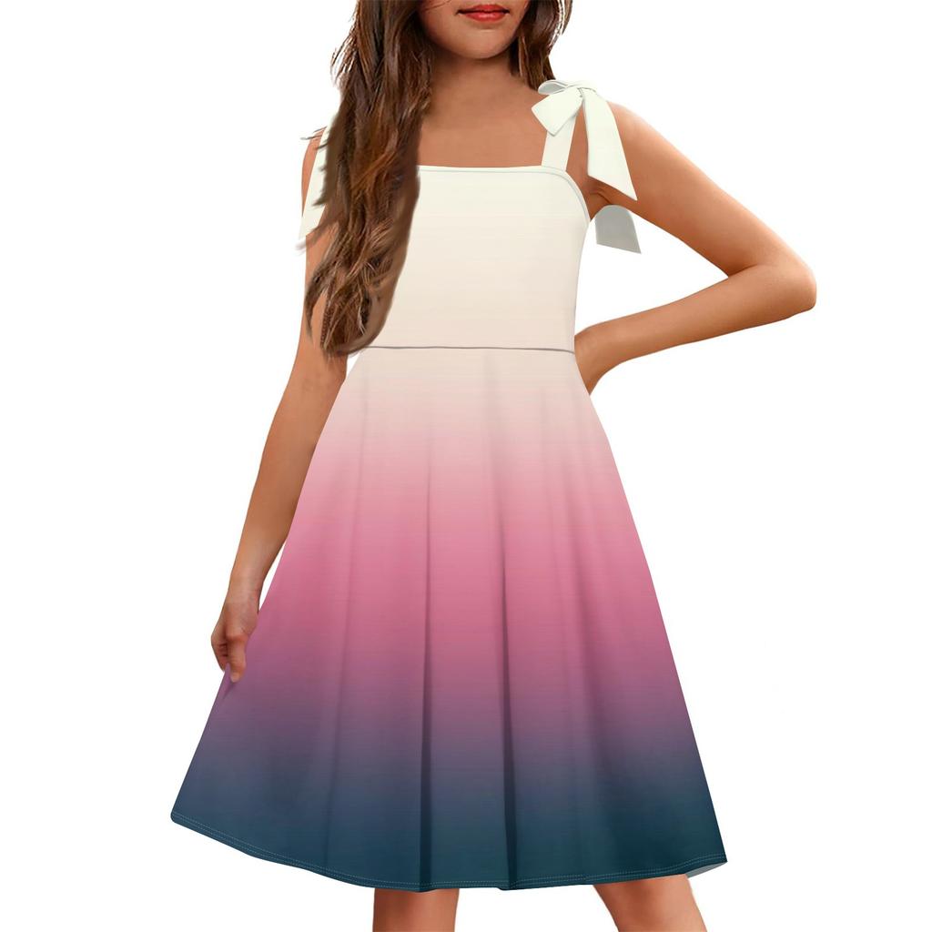 Children's Dress Without Cuff Pocket Square Collar Casual Style Gradient Print Dress