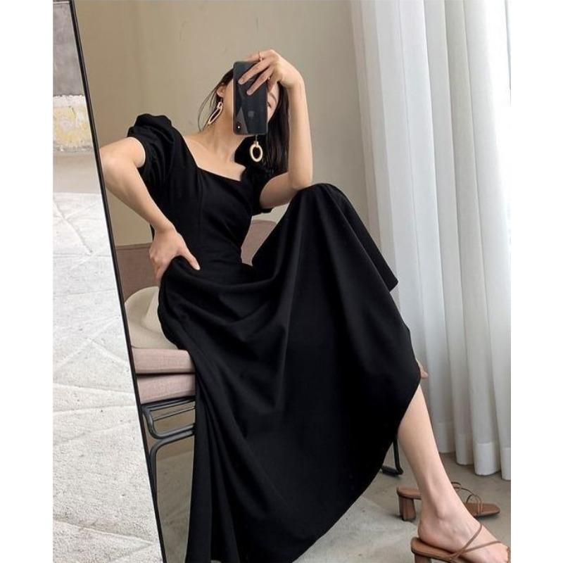 Summer Short Sleeve Square Neck Elegant Women Dress Fashion Loose Slim Fit Casual Office A-line Party Dresses Female Simple Solid Color Woman Clothing