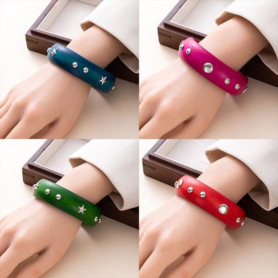 Personalized Design Sense Pentagram Rivet Wood Bracelet Versatile Trendy Cool Exaggerated Bracelet Wide-Sided Rivet Jewelry