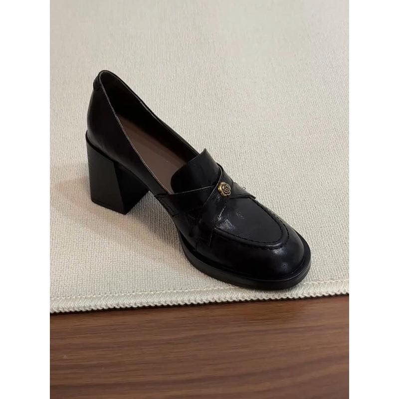 Cowhide version~ genuine leather thick heel camellia round head single shoes women's British style retro small leather shoes one pedal loafers