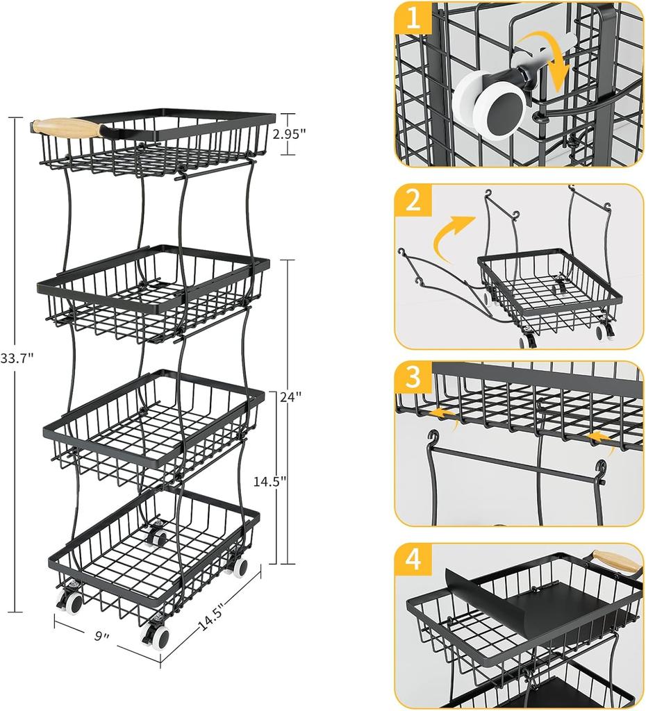 3Tier Rolling Pantry Floor Organizer,Stackable Pantry Storage Cart with Wheels, Metal Wire Pantry Baskets, Kitchen Fruit Basket Stand, Vegetable