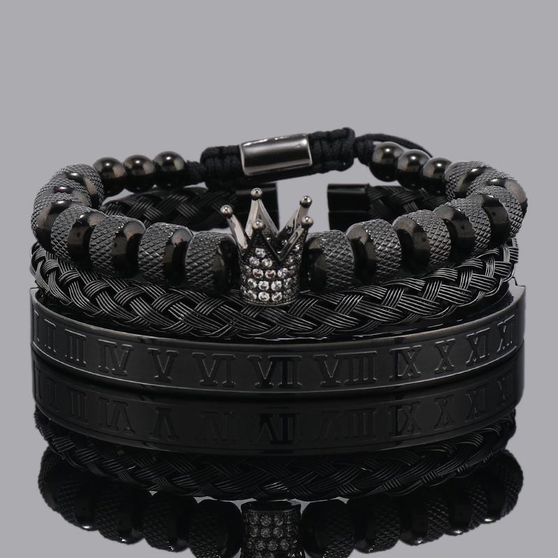Set di Lusso Ciondoli Corona Bracciale Uomo Acciaio Inossidabile Romano Braccialetti Donna Gioielli per le Mani Regalo di San Valentino