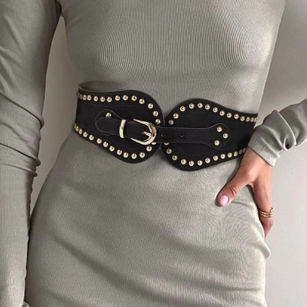 Adjustable Suede Rivet Belt PU Leather Elastic Cummerbunds Elegant Waist Seal Skirt Accessories