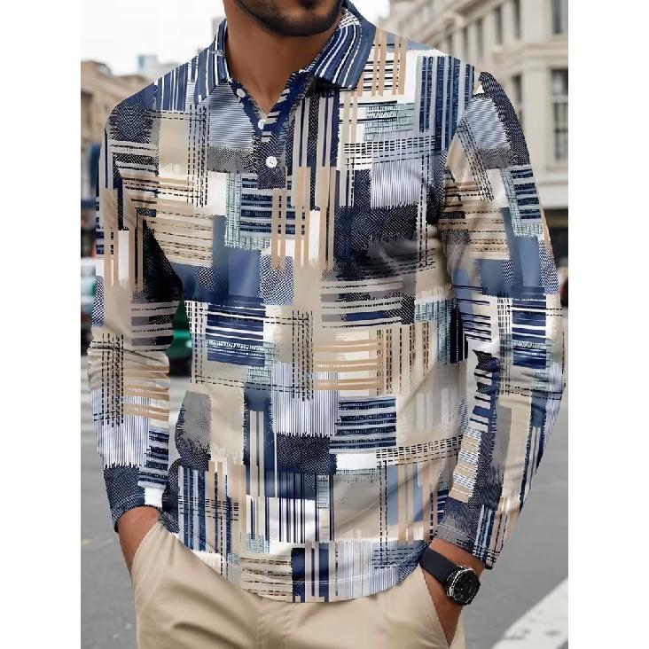 Polo shirt with abstract geometric pattern, collared long-sleeve shirt