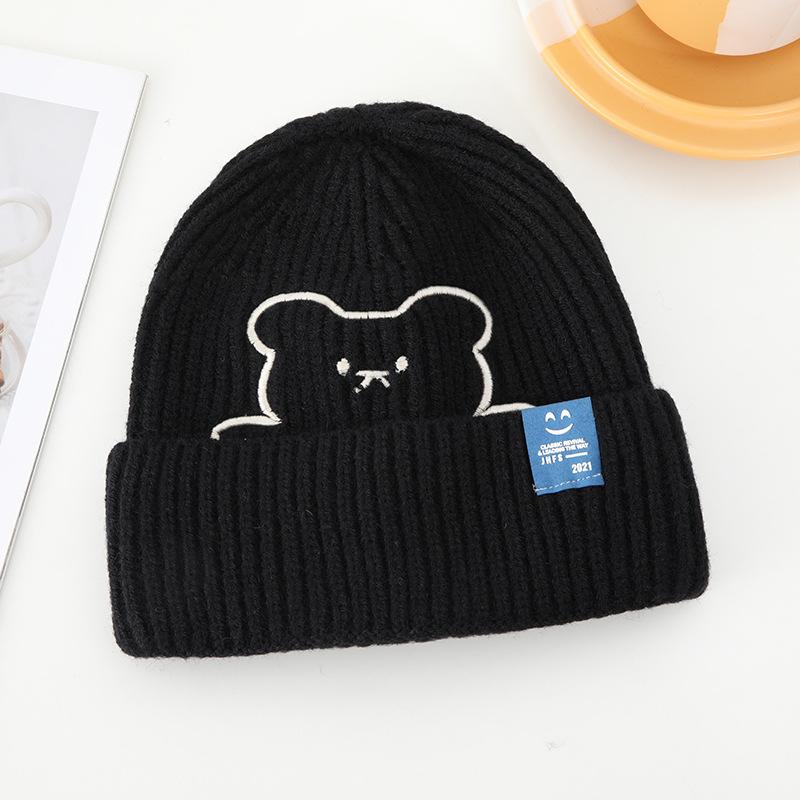 Hat Women Bear Embroidery Cute Knitted Couple Versatile Fashion Korean Edition Trendy Guapi Men One Size чёрный