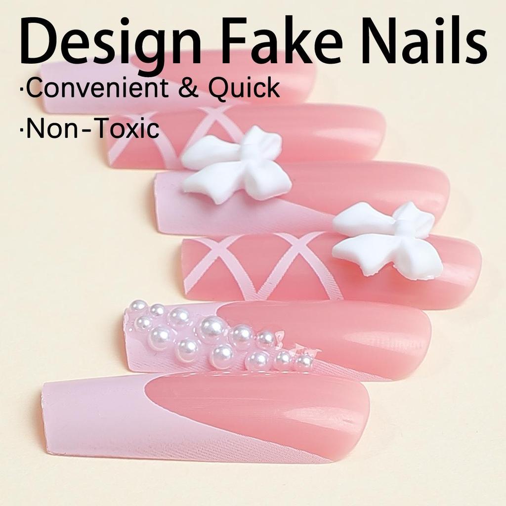 2024 Cross-border Hot-selling Handmade Wearable French Tip Bow Pearl Wrap Fake Nails