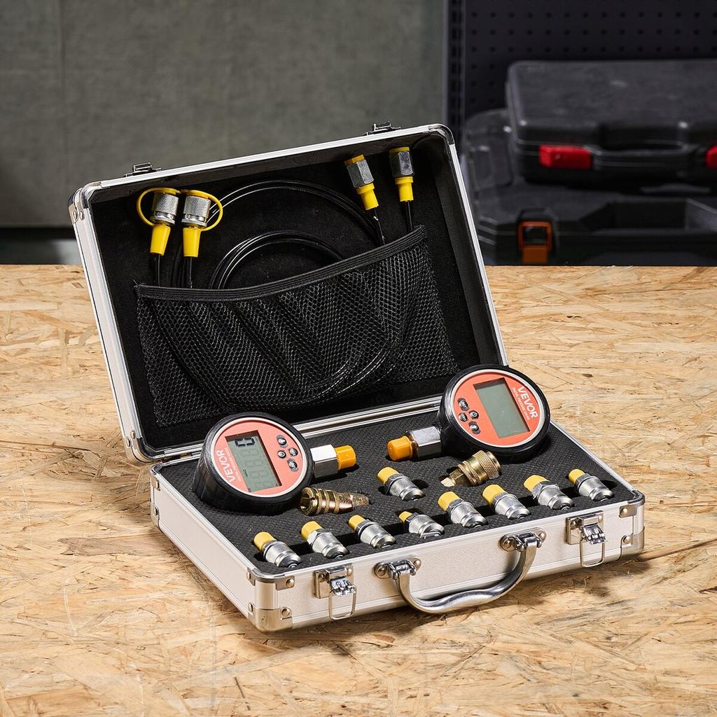 Digital Hydraulic Pressure Test Coupling Kit, 700 Bar Pressure Gauge Manometer Tester with 2 Gauges, 9 Test Couplings, 2 Quick-Release Couplers, 2