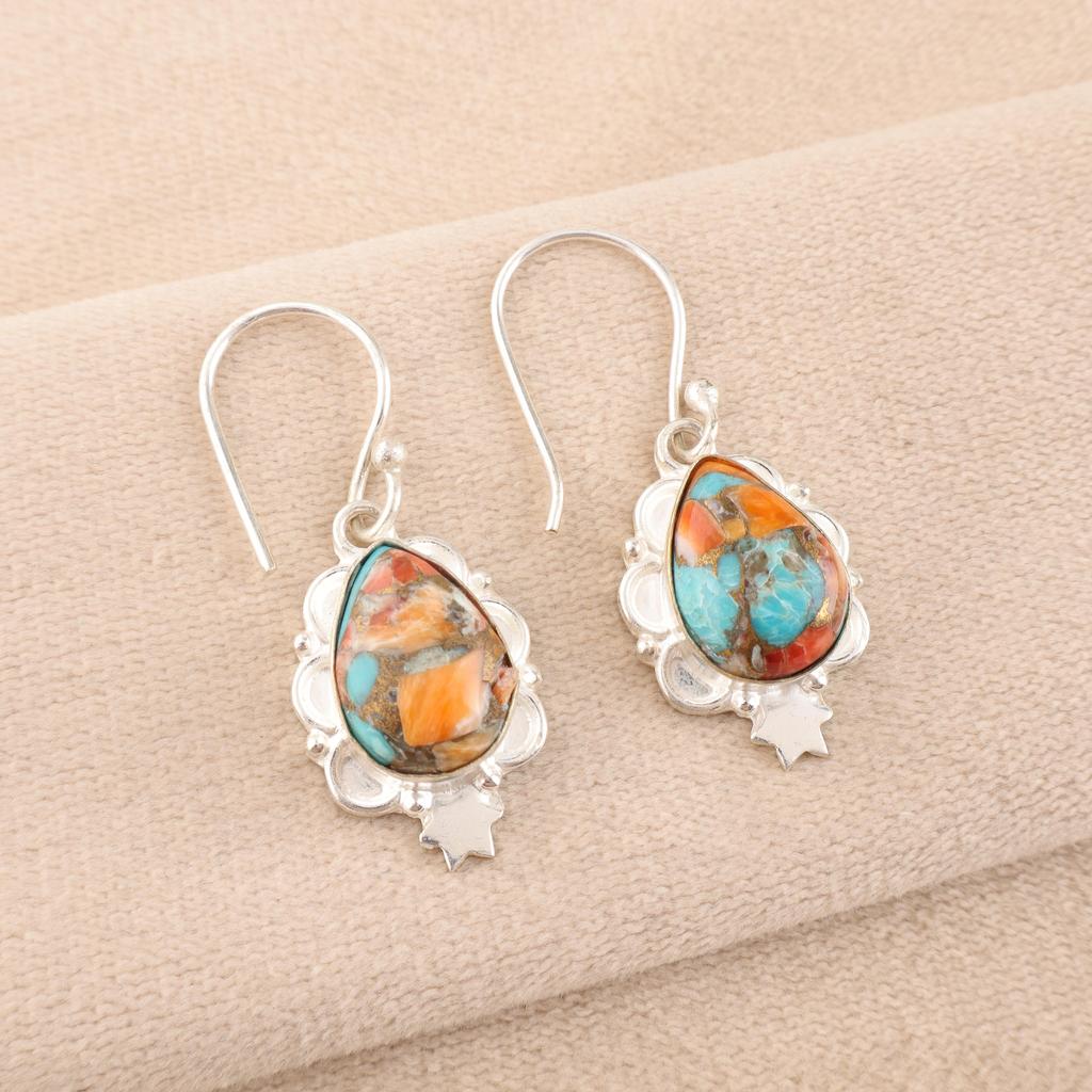 Boucles d'oreilles en pierres gemmes faites à la main en huître épineuse, Boucles d'oreilles en argent sterling massif 925, Bijoux de créateur, Pour cadeau d'anniversaire