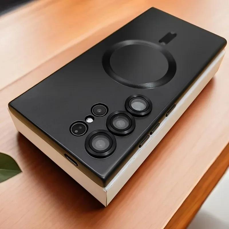 Luxury Magnetic Wireless Charging Matte Phone Case For Samsung Galaxy S25 Edge S24 Ultra S23 FE S21 Plus Shockproof Soft Cover