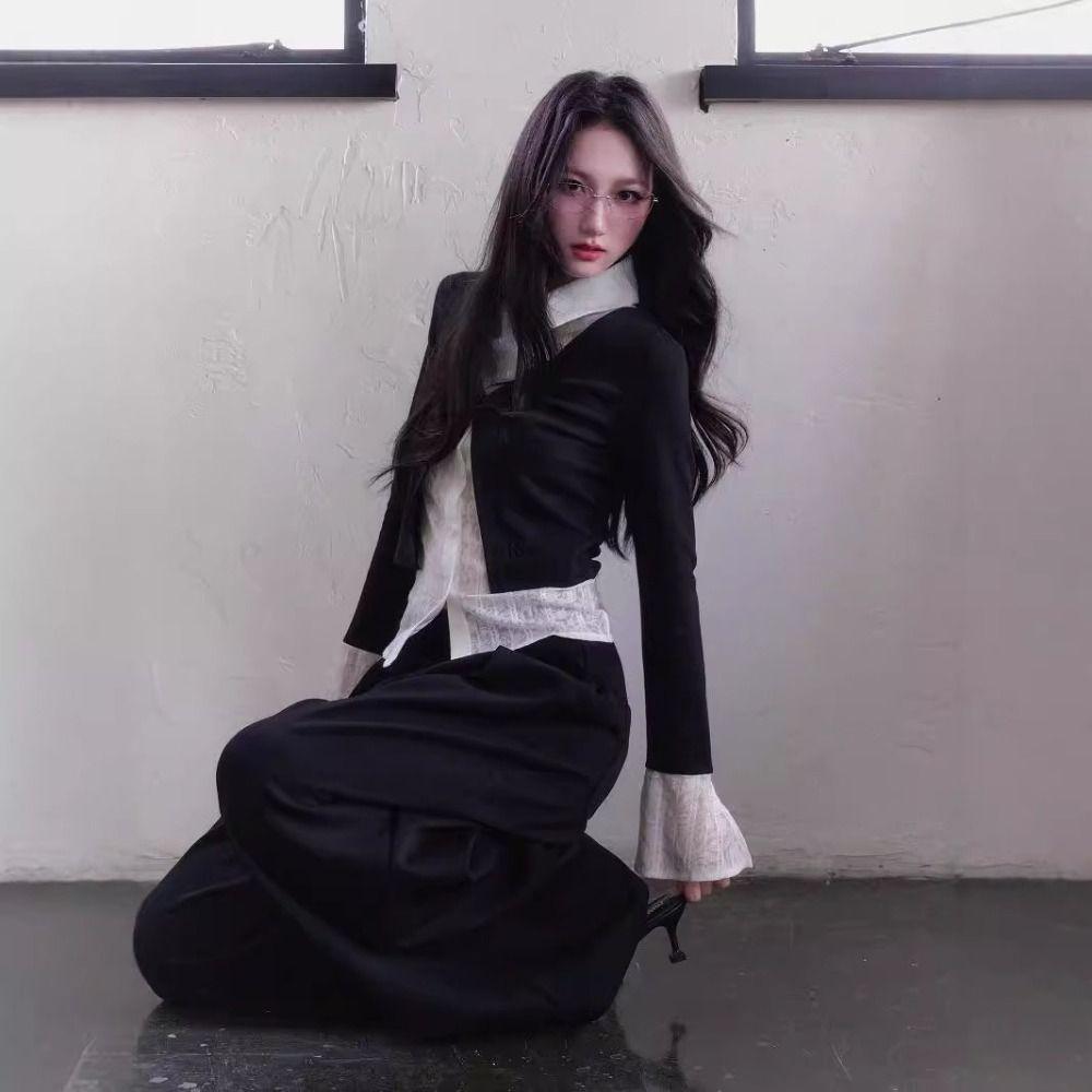 Flip Collar False Two-piece Top Slim Fit Lace Long Sleeved Knitwear Ins Lace Shirts Knitwear  Party