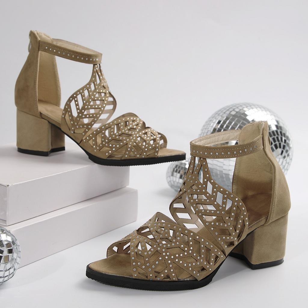 2025Fashion New Women's Summer Hollow Leather Water Diamond Thick Heel Comfortable Zipper Sandals Zapatos Mujer Primavera Verano