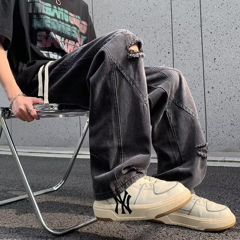 

Тренд Гонконга, мужские летние новые прямые джинсы с персонализированными надписями в стиле хип-хоп, модные уличные модные красивые брюки в стиле хулиган 3XL чёрный