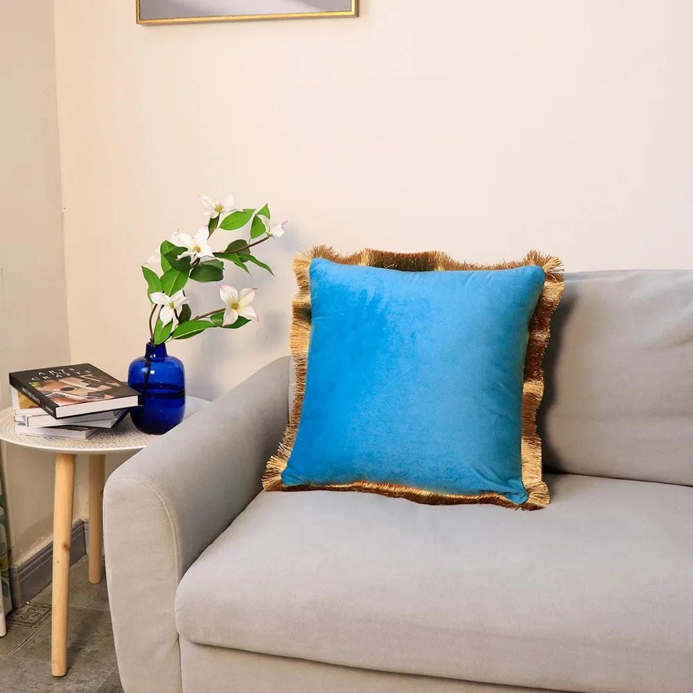 Velvet Cushion Cover with Gold Tassels Edge, Monochromatic Pillowcase, Decorative Sample Room, Bed and Sofa