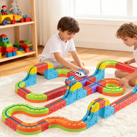 Yousheng 8/18/26/32/38Pcs/Set Magnetic Train Track Set DIY Race Car Cube Rail Building Kit Toddlers Boys Girls Gravity-Defying Electric Train STEM Toy