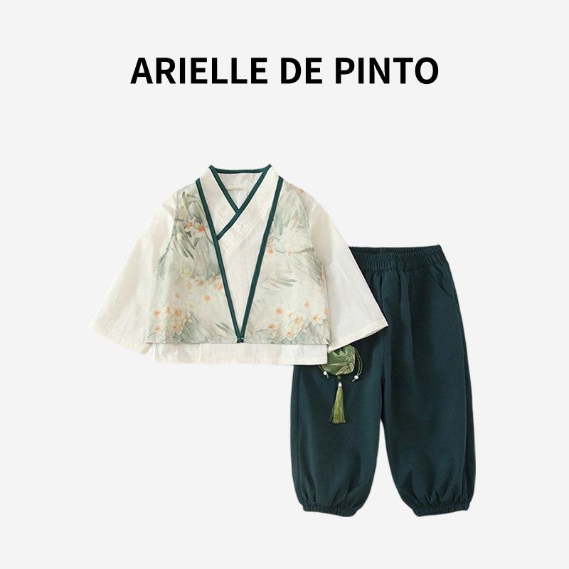French Arielle De Pinto Ancient-Style Tang Suit for Boys and Girls, New Spring and Autumn Set, Long-Sleeved Chinese Style with Floral Patterns Ancient Style Suit 150